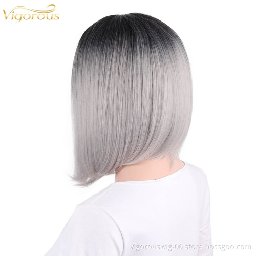 High quality wholesale premium vendor ombre silver short straight wavy hair synthetic heat resistant wig lace front black women
